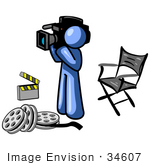 #34607 Clip Art Graphic Of A Blue Guy Character With Film Reels A Clapboard And Director’S Chair Filming A Movie