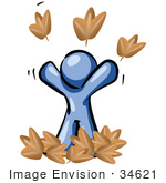 #34621 Clip Art Graphic Of A Blue Guy Character Playing In Fall Leaves Throwing Them Up In The Air On A Happy Carefree Autumn Day