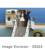 #35223 Stock Photo Of President George W Bush First Lady Laura Bush And Daughter Barbara Bush Waving As They Exit Air Force One