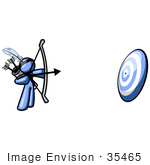 #35465 Clip Art Graphic of a Blue Guy Character Aiming Arrows At A Target by Jester Arts