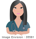 #35581 Clip Art Graphic of a Pretty Female Asian Nurse, Doctor Or Vet With A Stethoscope Around Her Neck, Listening To A Patient by Maria Bell