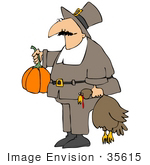 #35615 Clip Art Graphic Of A Male Pilgrim Presenting Fellow People With A Pilgrim And Turkey For A Feast