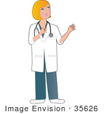 #35626 Clip Art Graphic of a Talkative Blond Haired Female Caucasian Nurse, Doctor Or Veterinarian Wearing A Stethoscope Around Her Neck And Gesturing While Talking by Maria Bell