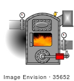 #35652 Clip Art Graphic Of Gauges On Pipes Connecting To A Hot Boiler With The Door Open Showing Flames