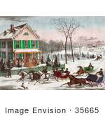 #35665 Stock Illustration Of Four Horse Drawn Sleighs Racing Down A Street In Front Of A Home While People Watch Or Ice Skate In The Background
