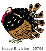 #35706 Clip Art Graphic Of A Fat Thanksgiving Turkey Bird With Brown And Black Feathers