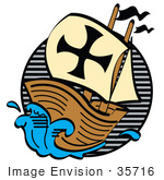 #35716 Clip Art Graphic of The Pilgrim Mayflower Ship Sailing Through Blue Seas by Andy Nortnik