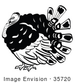 #35720 Clip Art Graphic Of A Black And White Thanksgiving Turkey Bird With Big Feathers