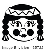 #35722 Clip Art Graphic Of A Native American Indian Girl With With Braids In Black And White
