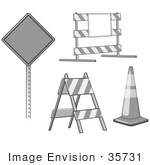 #35731 Clip Art Graphic Of A Road Block Barricade Traffic Cone And Warning Sign