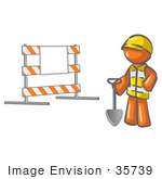 #35739 Clip Art Graphic Of An Orange Guy Character With A Shovel Near A Road Block