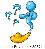 #35771 Clip Art Graphic of a Sky Blue Guy Character Emerging From a Genie Lamp by Jester Arts