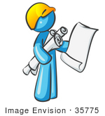 #35775 Clip Art Graphic Of A Sky Blue Guy Character Holding Blueprints