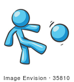 #35810 Clip Art Graphic Of A Sky Blue Guy Character Kicking A Ball