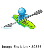 #35836 Clip Art Graphic Of A Sky Blue Guy Character Kayaking