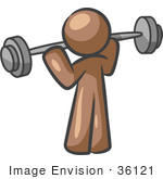 #36121 Clip Art Graphic of a Brown Guy Character Lifting Barbells by Jester Arts