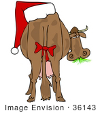 #36143 Clip Art Graphic Of A Silly Christmas Cow Chewing On Grass A Santa Hat On His Butt