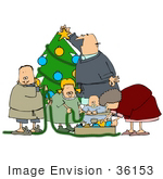 #36153 Clip Art Graphic Of A Caucasian Family Decorating Their Christmas Tree