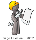 #36252 Clip Art Graphic Of A Grey Guy Character Holding Blueprints