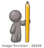 #36349 Clip Art Graphic Of A Grey Guy Character Standing With A Pencil