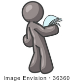 #36360 Clip Art Graphic of a Grey Guy Character Reading Papers by Jester Arts