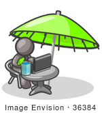 #36384 Clip Art Graphic of a Grey Guy Character Working Under an Umbrella by Jester Arts