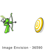 #36590 Clip Art Graphic of a Lime Green Guy Character Shooting Arrows at a Target by Jester Arts