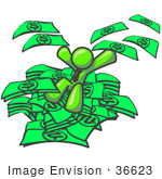#36623 Clip Art Graphic of a Lime Green Guy Character Jumping in a Pile of Cash by Jester Arts