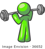 #36652 Clip Art Graphic Of A Lime Green Guy Character Working Out With A Barbell