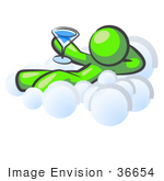 #36654 Clip Art Graphic Of A Lime Green Guy Character Drinking A Cocktail On A Cloud