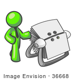 #36668 Clip Art Graphic of a Lime Green Guy Character With a Rolodex by Jester Arts