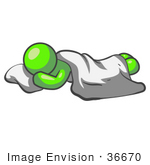 #36670 Clip Art Graphic Of A Lime Green Guy Character Sleeping With A Pillow And Sheet