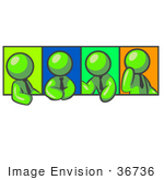 #36736 Clip Art Graphic of Lime Green Guy Characters Discussing in a Meeting by Jester Arts