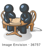 #36757 Clip Art Graphic of Dark Blue Guy Characters Reviewing Plans at a Table by Jester Arts
