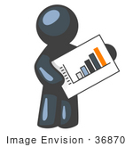 #36870 Clip Art Graphic Of A Dark Blue Guy Character Holding A Printed Bar Graph