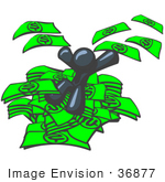 #36877 Clip Art Graphic of a Dark Blue Guy Character Jumping in a Pile of Money by Jester Arts