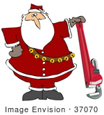 #37070 Clip Art Graphic Of Santa Posing With A Pipe Wrench