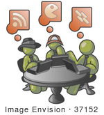 #37152 Clip Art Graphic of Olive Green Guy Characters Using Laptops in an Internet Cafe by Jester Arts