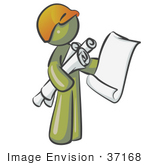 #37168 Clip Art Graphic of an Olive Green Guy Character Holding Blueprints by Jester Arts
