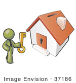 #37186 Clip Art Graphic of an Olive Green Guy Character Holding a Key to a House by Jester Arts