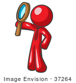 #37264 Clip Art Graphic Of A Red Guy Character Holding Up A Magnifying Glass
