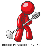 #37289 Clip Art Graphic Of A Red Guy Character Singing Into A Microphone