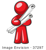 #37297 Clip Art Graphic of a Red Guy Character Holding Scrolls by Jester Arts