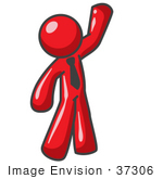 #37306 Clip Art Graphic of a Red Guy Character Waving and Wearing a Tie by Jester Arts