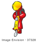 #37328 Clip Art Graphic Of A Red Guy Character Operating A Jack Hammer