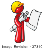 #37340 Clip Art Graphic Of A Red Guy Character With Blueprints