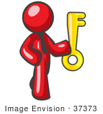 #37373 Clip Art Graphic of a Red Guy Character Holding a Key by Jester Arts