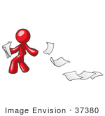 #37380 Clip Art Graphic of a Red Guy Character Dropping Papers by Jester Arts