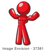 #37381 Clip Art Graphic of a Red Guy Character Flexing His Muscles by Jester Arts