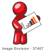 #37407 Clip Art Graphic of a Red Guy Character Holding a Printed Bar Graph by Jester Arts